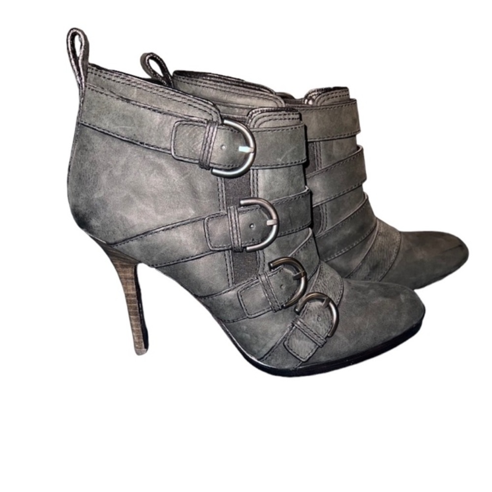 COACH grey leather ankle booties with straps and buckles